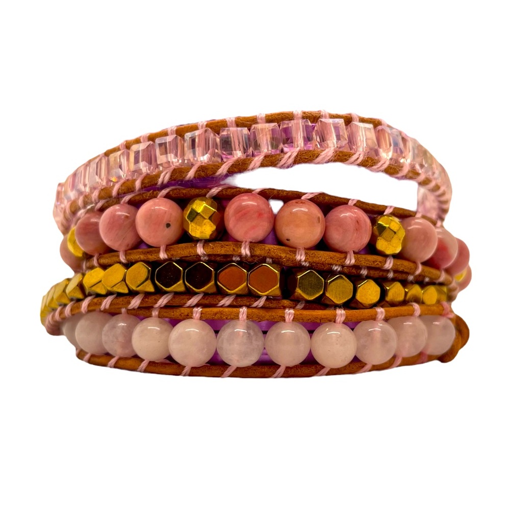 COPY - Four-Layer Genuine Leather, Rose Quartz Wrap Bracelet with Rhodonite, He…